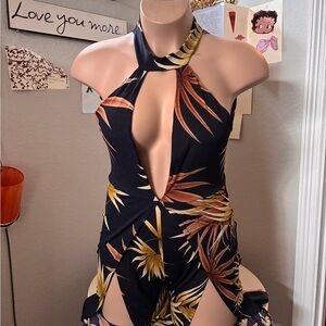 Black Tropical Halter Romper with Deep V